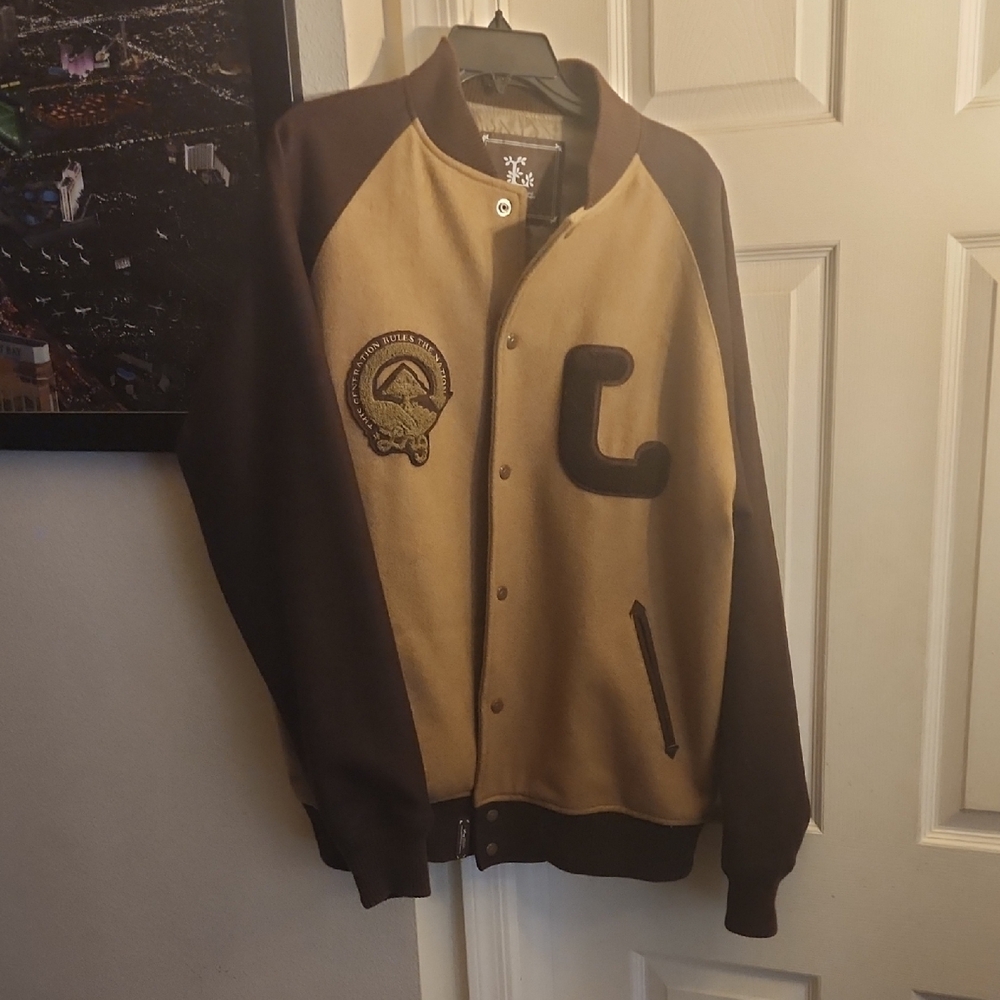 Tan and Brown Bomber Varsity Jacket with Ribbed Collar